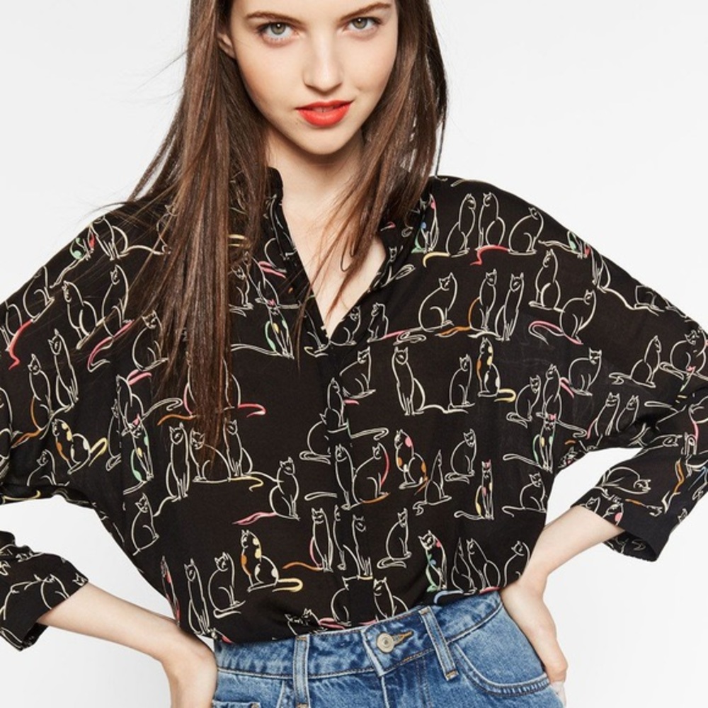 Women's Black Cat Print Blouse